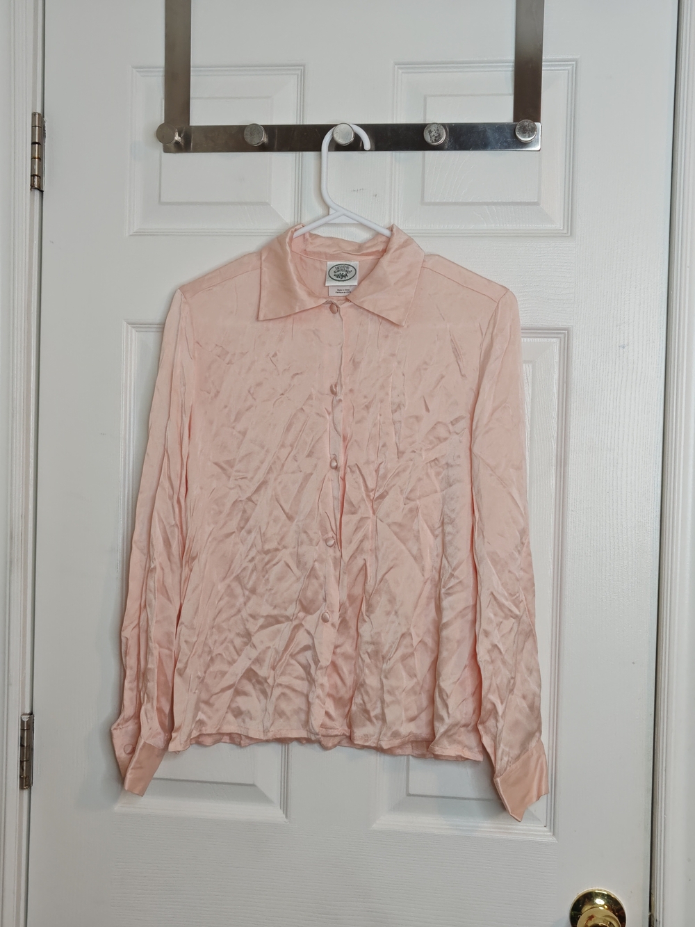 Vintage Laura Ashley Light Pink Silk Satin Long Sleeve Button-Up Shirt Size S